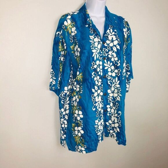Hawaiian Aloha Tropical Shirt Shorts Set Mens XXL Blue White Floral TIKI - Picture 5 of 12